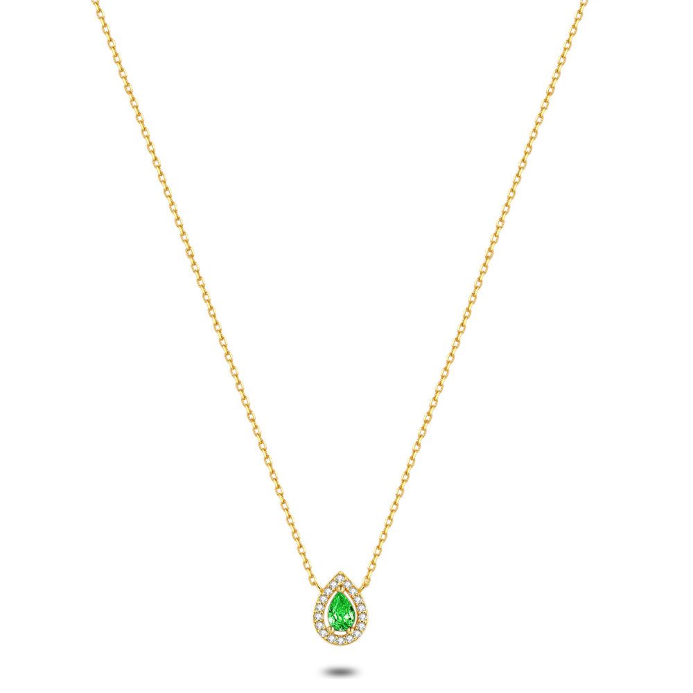 18Ct Gold Plated Silver Necklace, Drop, White And Green Zirconia