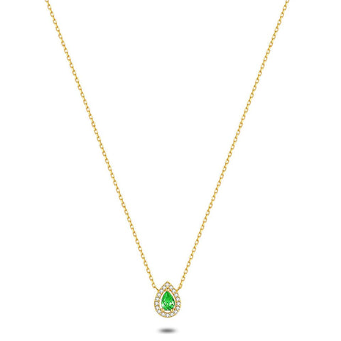 18Ct Gold Plated Silver Necklace, Drop, White And Green Zirconia