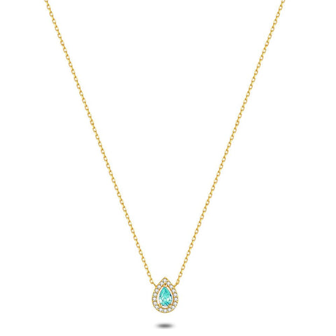 18Ct Gold Plated Silver Necklace, Drop, White And Lightblue Zirconia