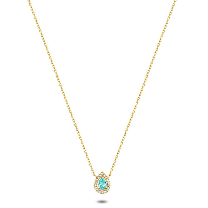 18Ct Gold Plated Silver Necklace, Drop, White And Lightblue Zirconia