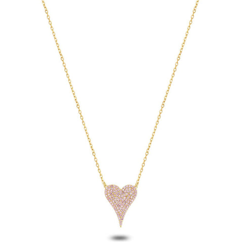 18Ct Gold Plated Silver Necklace, Heart In Pink Zirconia