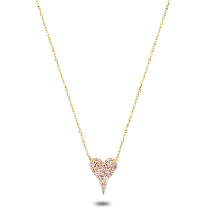 18Ct Gold Plated Silver Necklace, Heart In Pink Zirconia