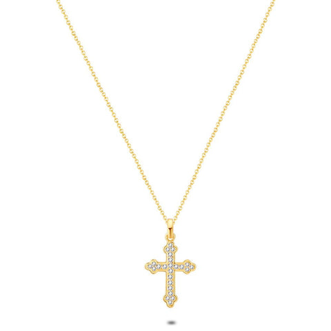 18Ct Gold Plated Silver Necklace, Cross With Zirconia