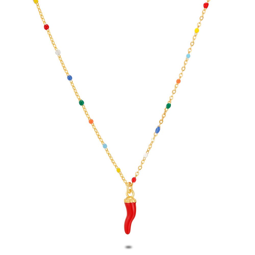18Ct Gold Plated Silver Necklace, Red Chili, Multi-Coloured Enamel