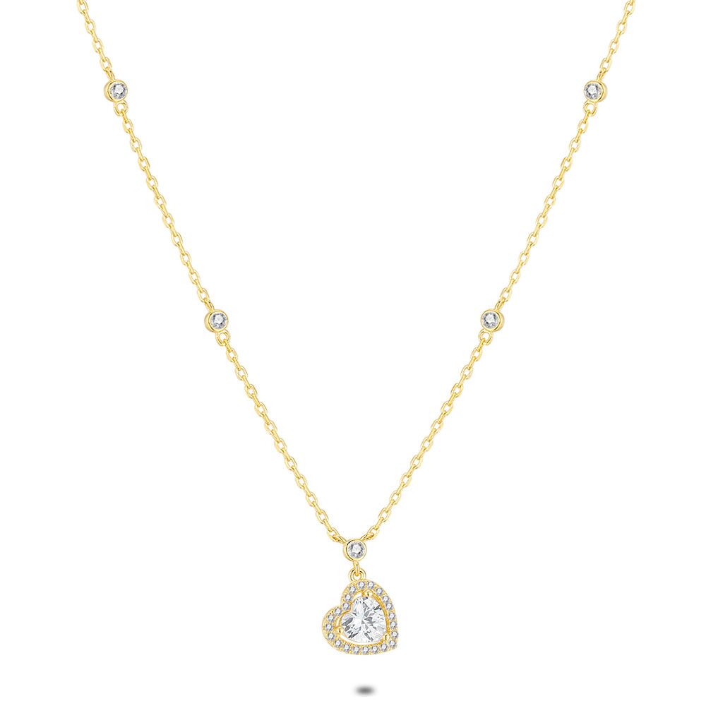 18Ct Gold Plated Silver Necklace, Double Heart In Zirconia, 5 Zirconia