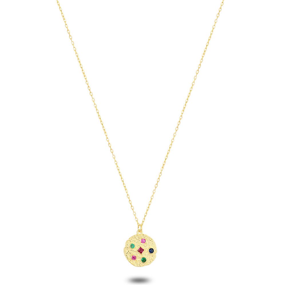 18Ct Gold Plated Silver Necklace, Round Hanger, Multi Coloured Zirconia