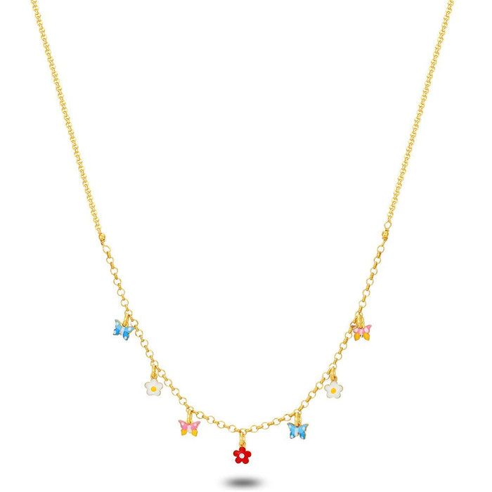 18Ct Gold Plated Silver Necklace, Flowers And Butterflies