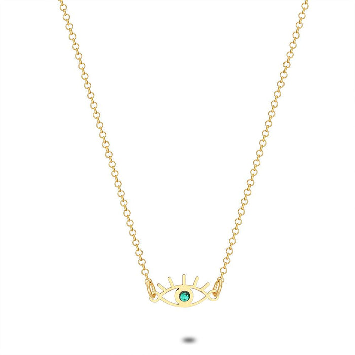18Ct Gold Plated Silver Necklace, Forcat Chain, Eye, Green Crystal