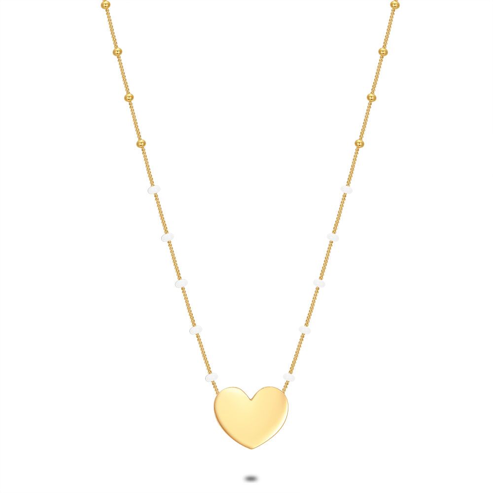 18Ct Gold Plated Silver Necklace, Heart With Gold Colored Balls, White Enamel Dots
