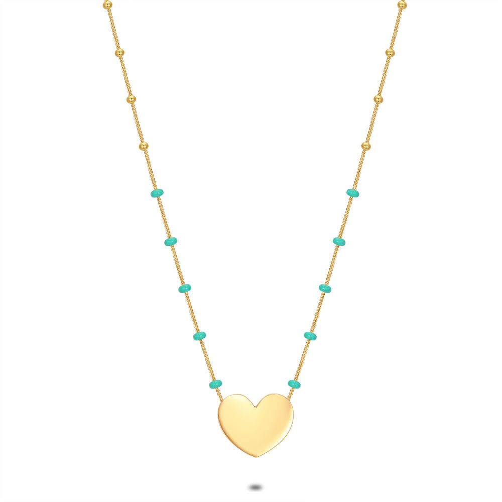 18Ct Gold Plated Silver Necklace, Heart With Gold Colored Balls, Turquoise Enamel Dots