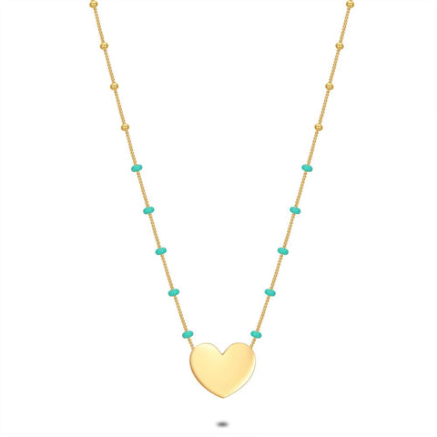 18Ct Gold Plated Silver Necklace, Heart With Gold Colored Balls, Turquoise Enamel Dots