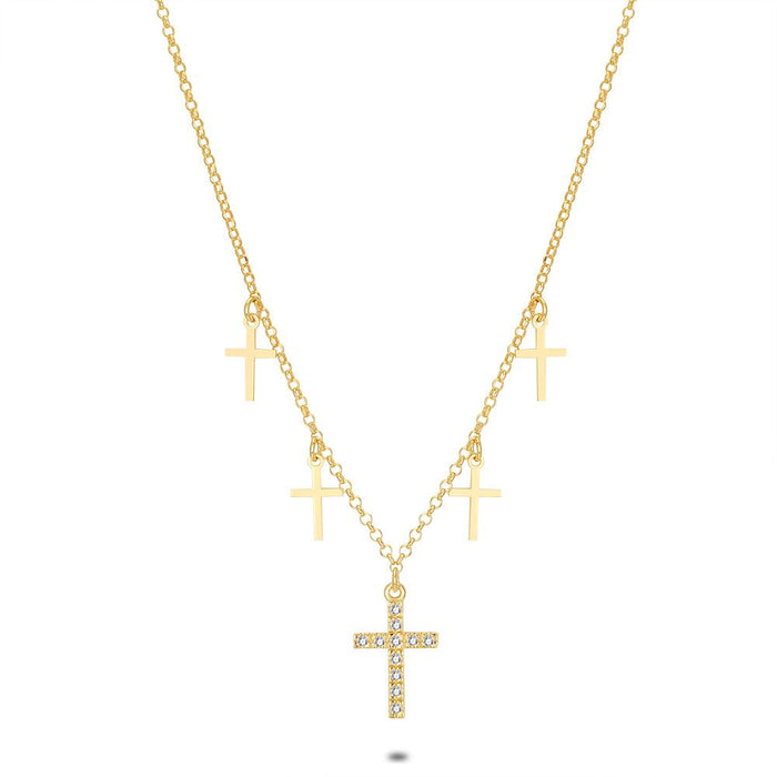 18Ct Gold Plated Silver Necklace, 1 Cross With Zirconia, 4 Small Crosses