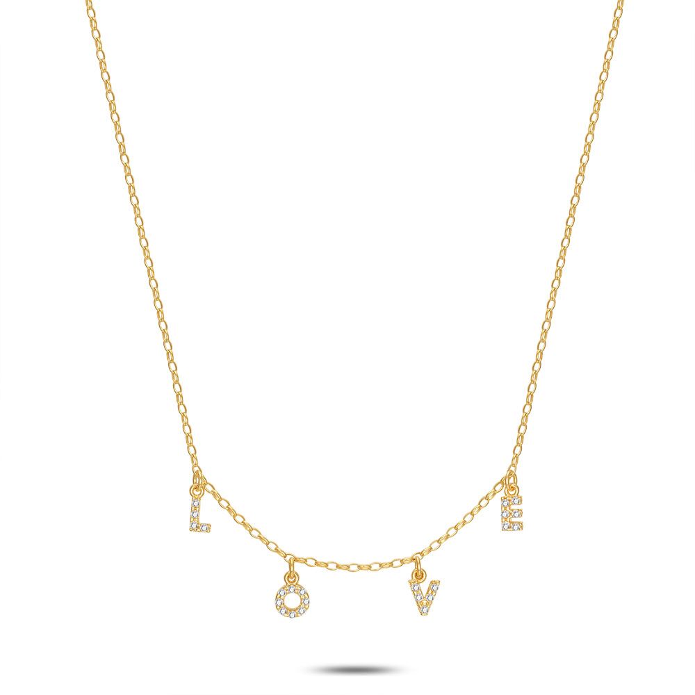 18Ct Gold Plated Silver Necklace, Forcat Chain, Love, Zirconia