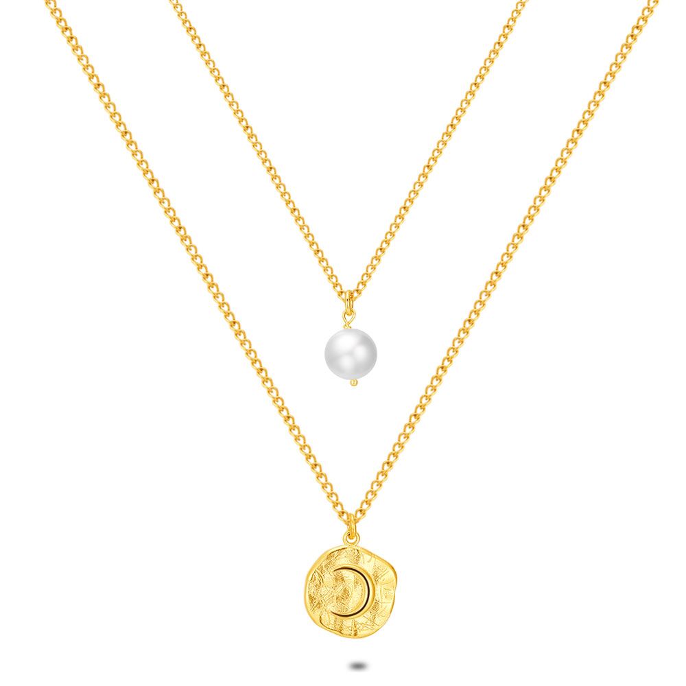 18Ct Gold Plated Silver Necklace, Double, Round And Pearl