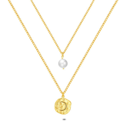 18Ct Gold Plated Silver Necklace, Double, Round And Pearl