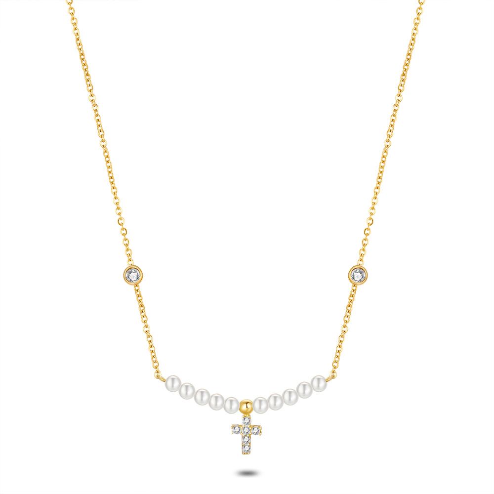 18Ct Gold Plated Silver Necklace, Small Cross, Pearls And Zirconia
