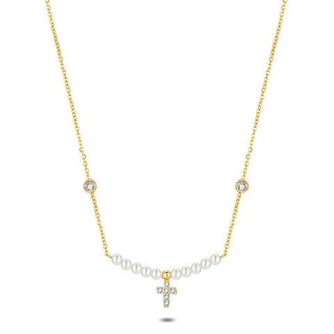 18Ct Gold Plated Silver Necklace, Small Cross, Pearls And Zirconia