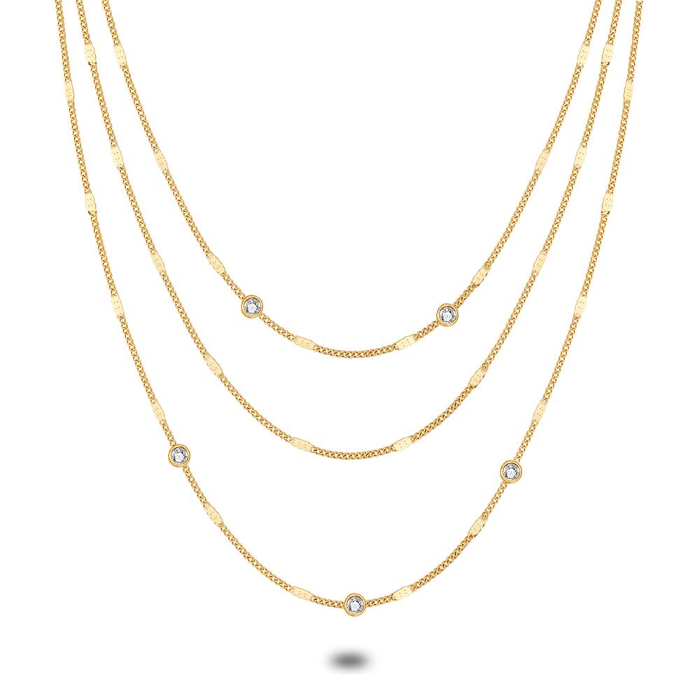 18Ct Gold Plated Silver Necklace, 3 Gourmet Chain, Zirconia
