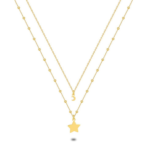 18Ct Gold Plated Silver Necklace, 2 Chains, Star And Moon, Balls
