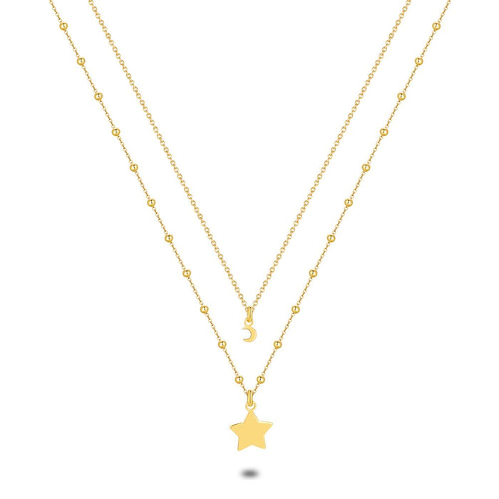 18Ct Gold Plated Silver Necklace, 2 Chains, Star And Moon, Balls