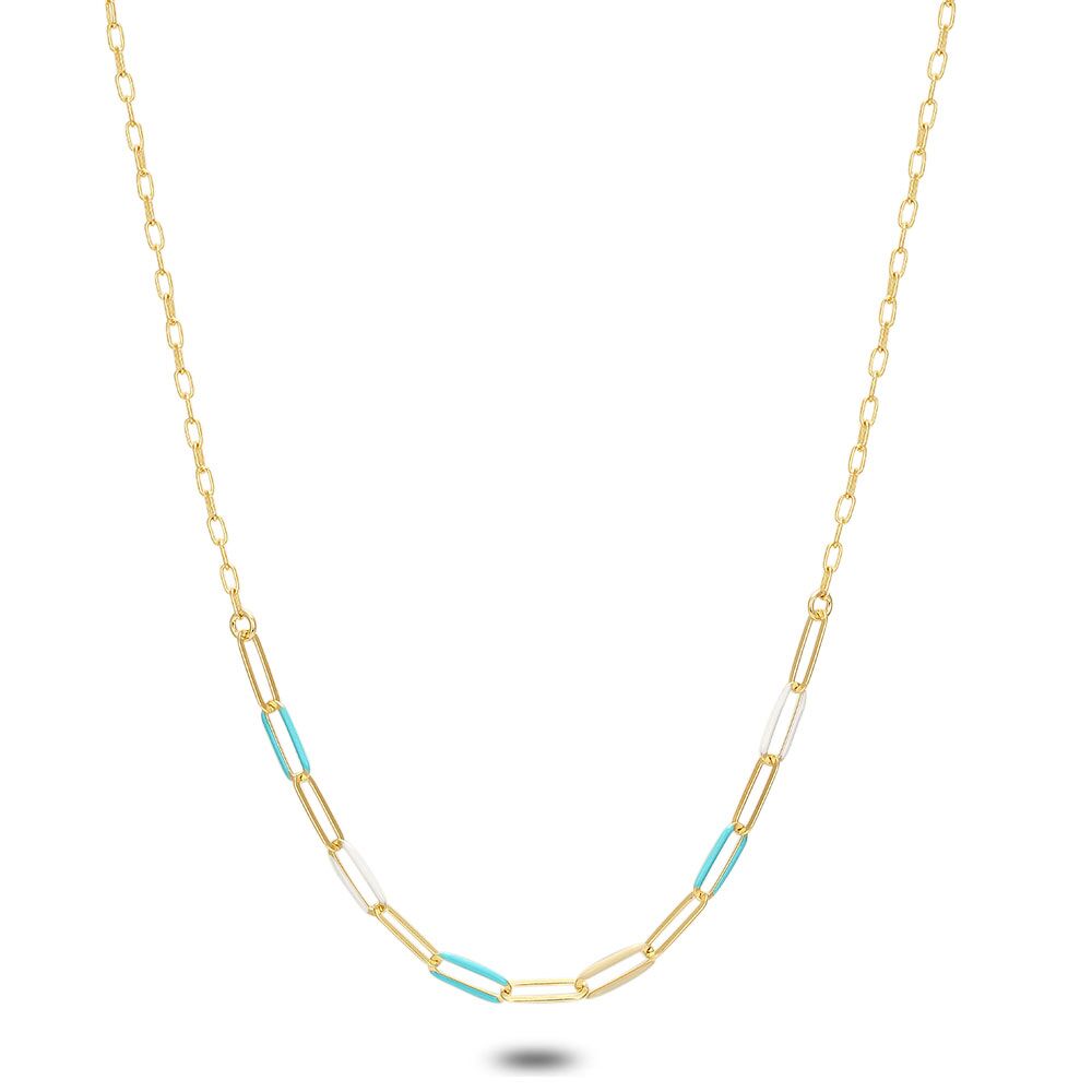 18Ct Gold Plated Silver Necklace, Beige And Light Blue Enamel