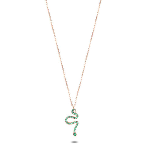 Rosé Silver Necklace, Snake, Green Zirconia