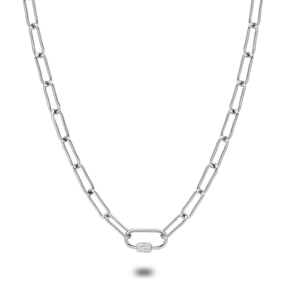 Stainless Steel Necklace, Oval Links, 1 Oval Link With White Crystals