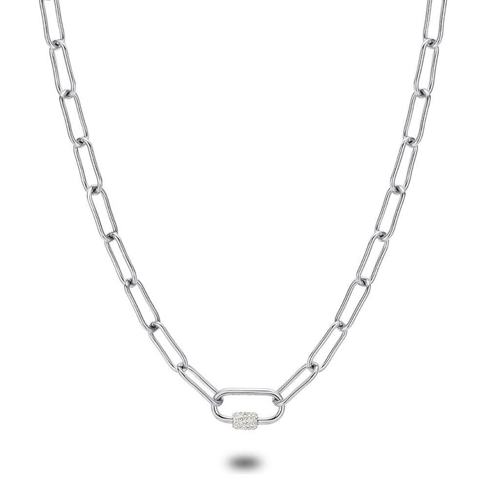 Stainless Steel Necklace, Oval Links, 1 Oval Link With White Crystals