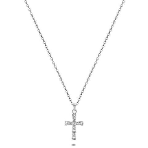 Stainless Steel Necklace, Cross, Crystals