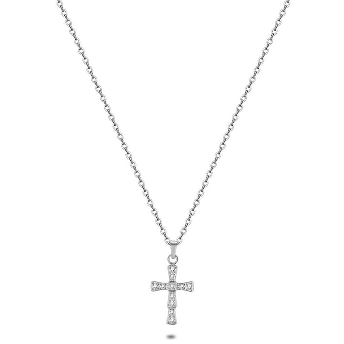 Stainless Steel Necklace, Cross, Crystals