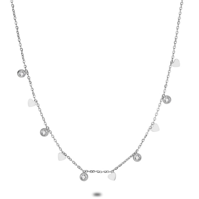 Stainless Steel Necklace, Zirconia And Hearts