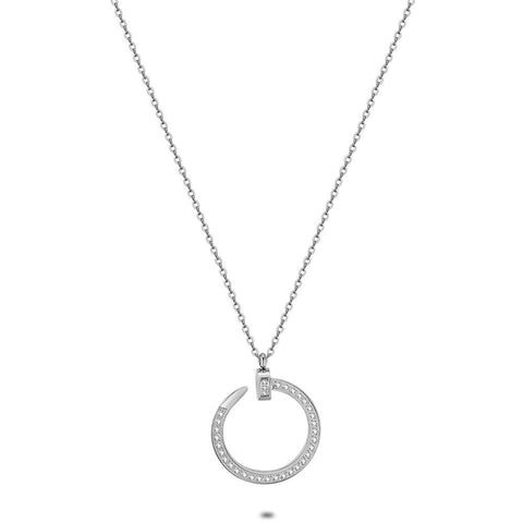 Stainless Steel Necklace, Open Circle, Crystals