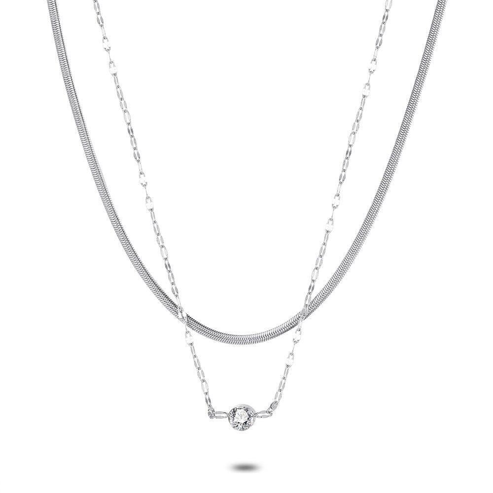 Stainless Steel Necklace, Double Chain, 1 Zirconia, Snake Chain
