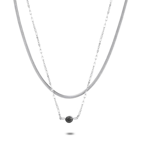 Stainless Steel Necklace, Double Chain, Snake Chain, 1 Black Zirconia