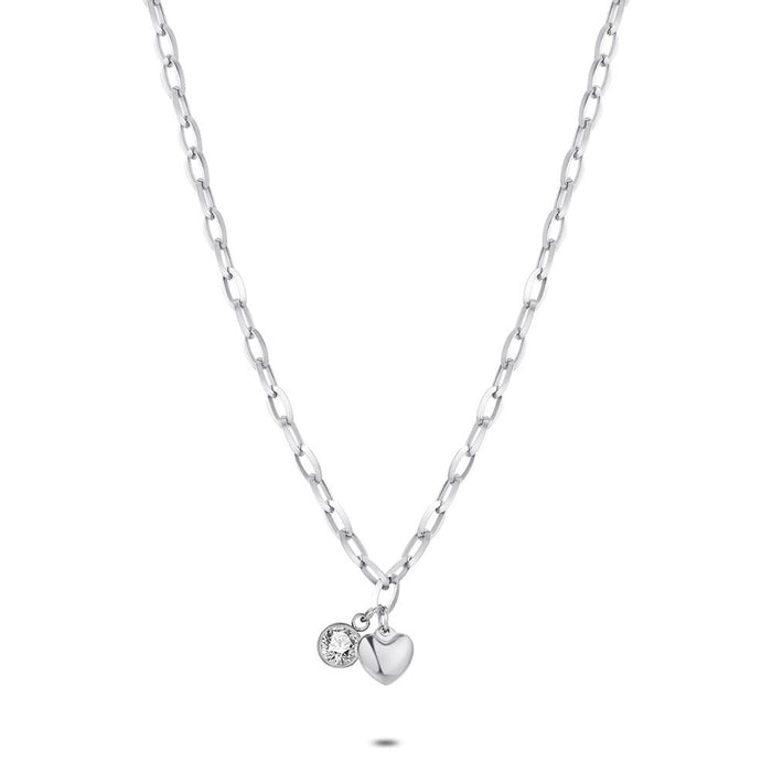 Stainless Steel Necklace, Oval Links, Heart, 1 Crystal