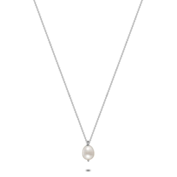 Stainless Steel Necklace, Oval Pearl