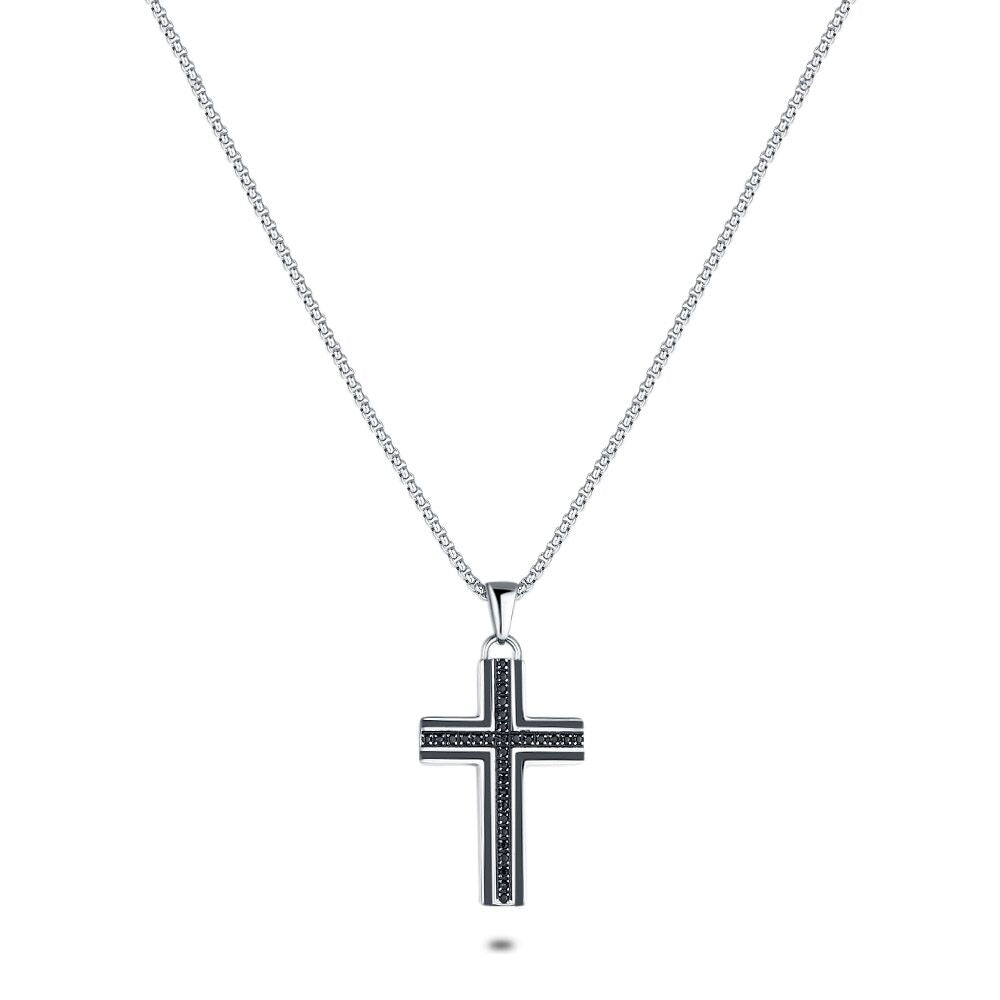 Stainless Steel Necklace, Steel Cross Covered With Black Crystals