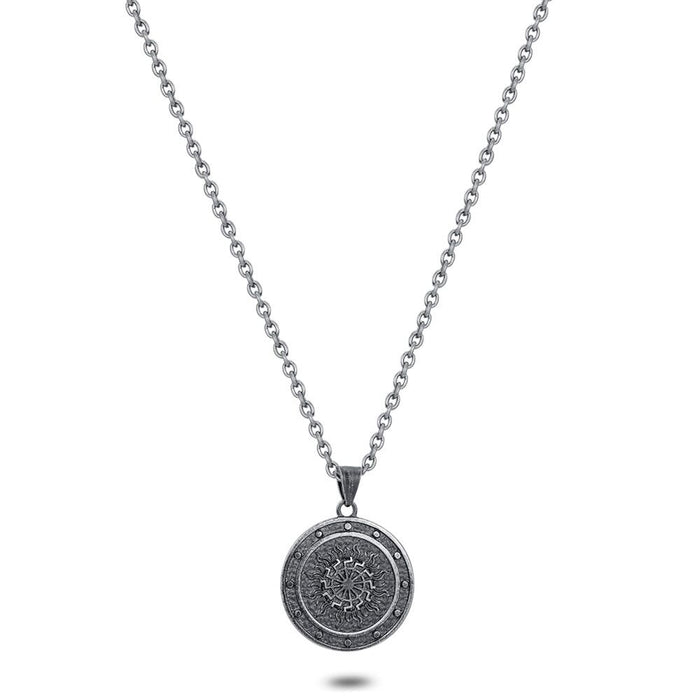 Stainless Steel Necklace, Grey, Round With Drawing