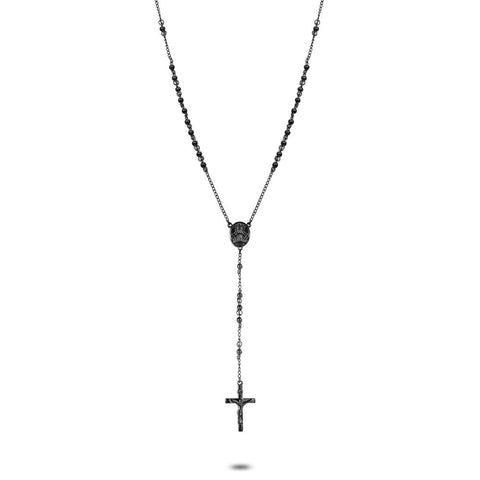 Stainless Steel Necklace, Link Chain And Balls, Cross, Matt Black