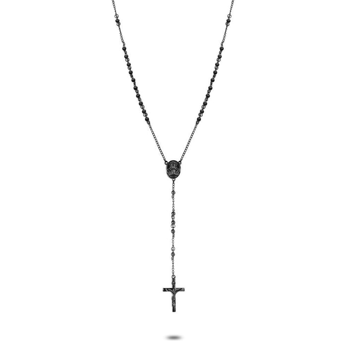 Stainless Steel Necklace, Link Chain And Balls, Cross, Matt Black