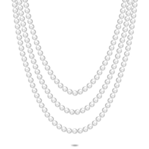 Silver Necklace, 3 Chains With Pearls, 6 Mm