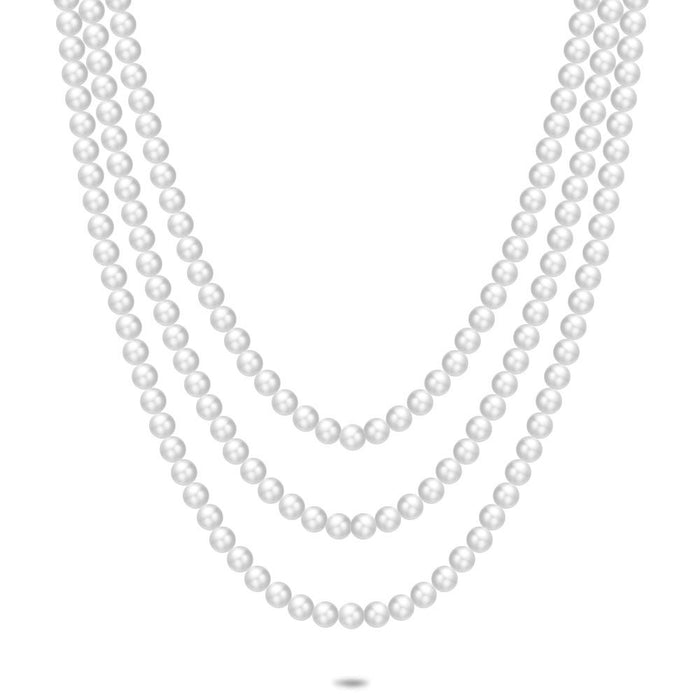 Silver Necklace, 3 Chains With Pearls, 6 Mm