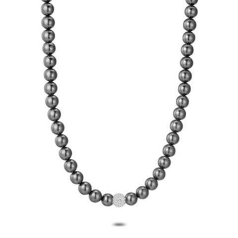 Silver Necklace, Grey Pearls, Ball With Crystals