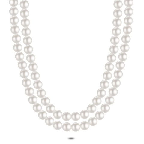 Silver Necklace, Double Row Of Pearls, 10 Mm