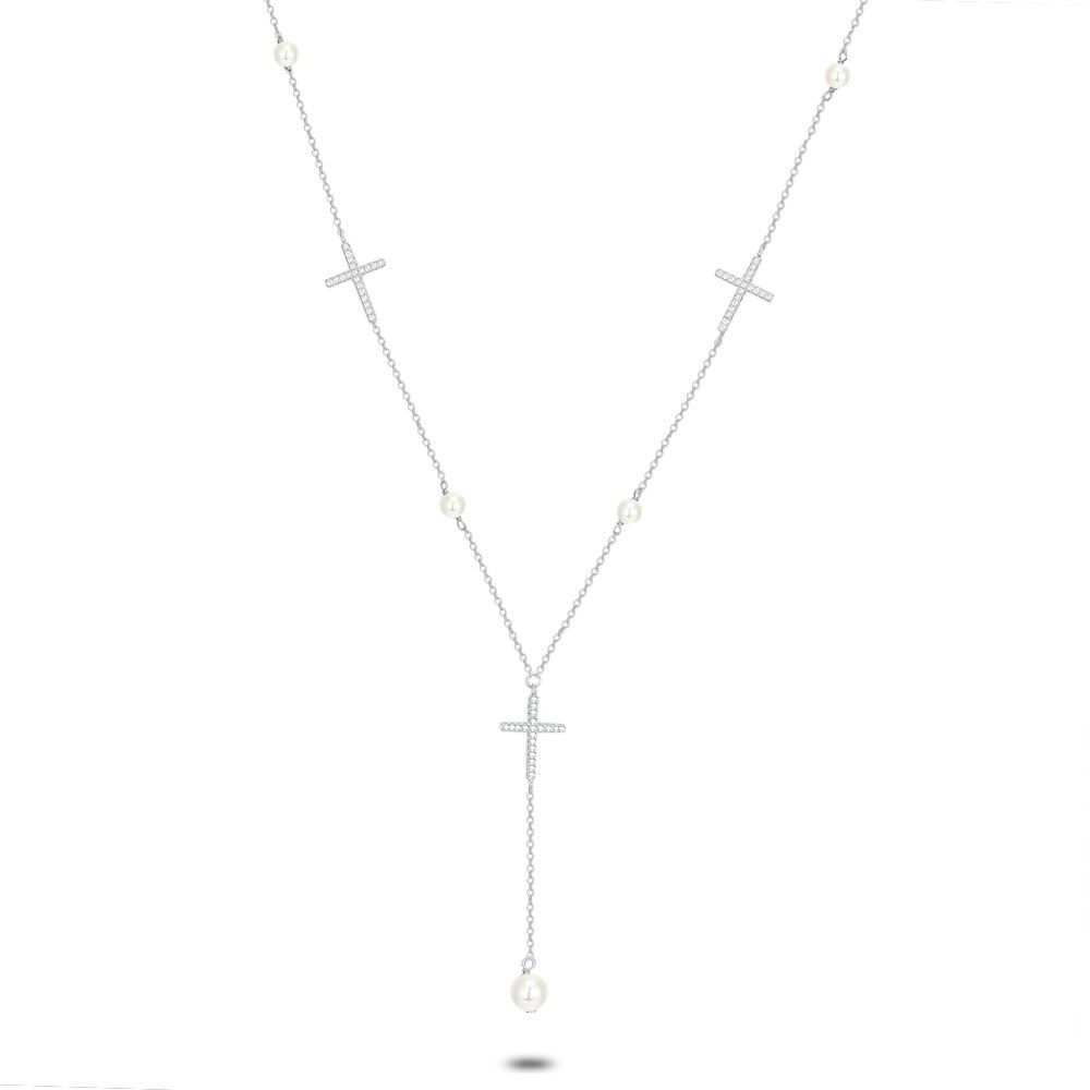 Silver Necklace, 3 Crosses, Zirconia, 5 Small Pearls