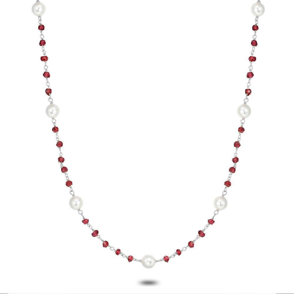Silver Necklace, Purple Crystals, 7 Pearls