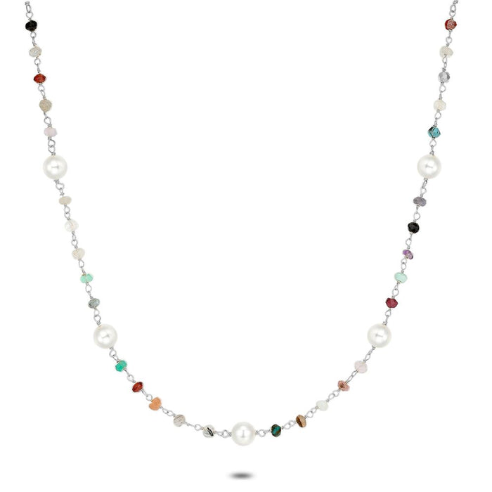Silver Necklace, Multi-Coloured Crystals, Pearls