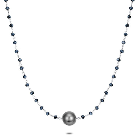 Silver Necklace, Black Crystals, Grey Pearl