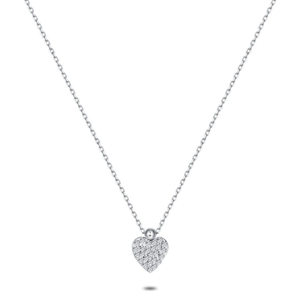 Silver Necklace, Heart, White Crystals