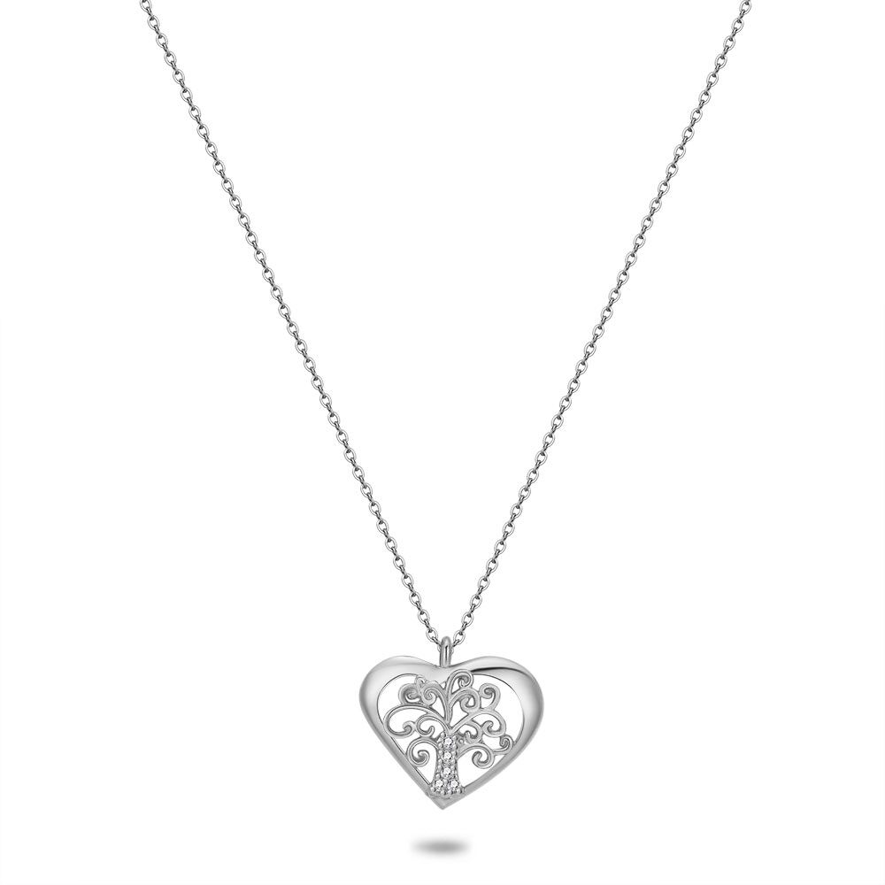Silver Necklace, Heart With Tree Of Life, Zirconia
